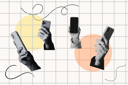 Hands Holding Modern Smartphones Over Grid Background