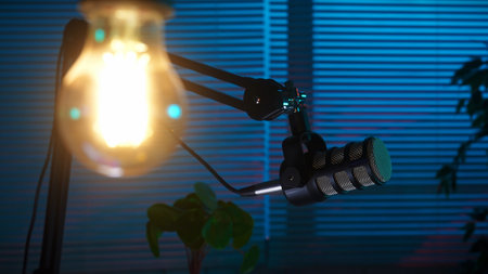Podcast Recording Setup with Microphone and Lighting in Dark Roomの写真素材