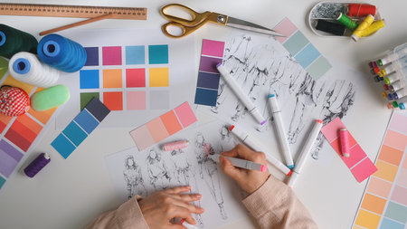 Fashion Design Process with Color Swatches and Sketchesの写真素材