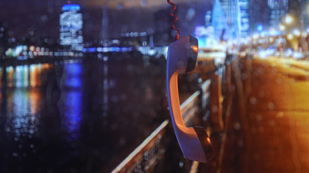 Vintage phone receiver hanging against rainy neon city backgroundの写真素材