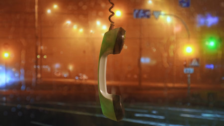 Vintage phone receiver hanging against rainy neon city backgroundの写真素材