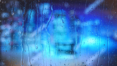 Rain drops on glass with colorful blurred blue city lightsの写真素材