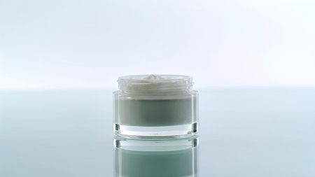 Glass Jar with White Cream on Reflective Surfaceの写真素材