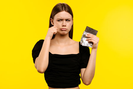 Woman Holding Chocolate Bar with Puzzled Expressionの写真素材