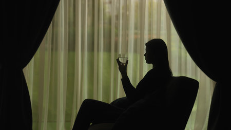 Silhouette of a Woman Relaxing with a Glass in Handの写真素材