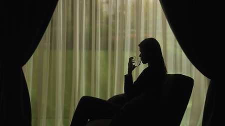 Silhouette of a Woman Relaxing with a Glass in Handの写真素材