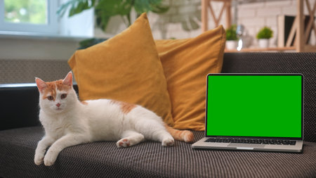 Cute cat resting on sofa near laptop with green screenの写真素材