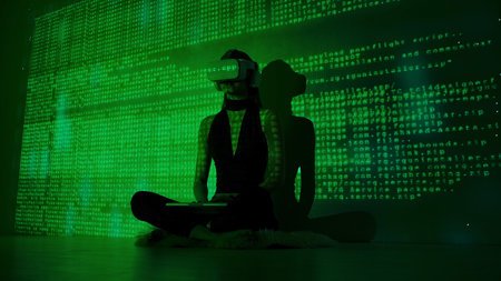Woman Immersed in Virtual Reality with Code Projectionの写真素材