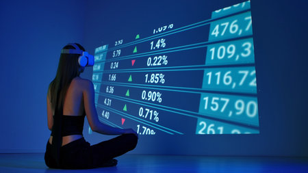 Woman Observing Stock Market Data in Virtual Realityの写真素材