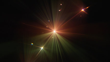 Radiant light explosion with multicolored flares in dark spaceの写真素材
