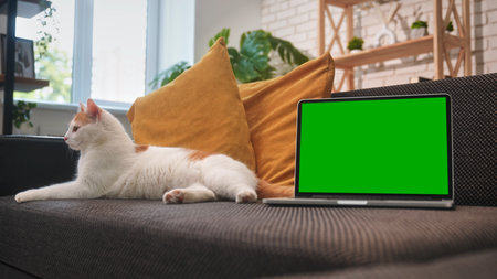 Cute cat resting on sofa near laptop with green screenの写真素材