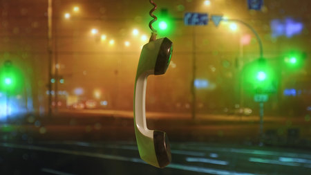 Vintage phone receiver hanging against rainy neon city backgroundの写真素材
