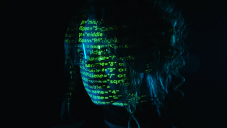 Portrait of a woman with green digital code projection on her face.の写真素材