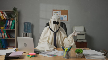 Halloween businessman ghost in white sheet sits at office desk looks at camera holding hand up and pointing finger at side. Happy halloween business concept.の写真素材