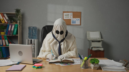 Halloween businessman ghost in white sheet sits at office desk writing tasks in dairy notebook,...