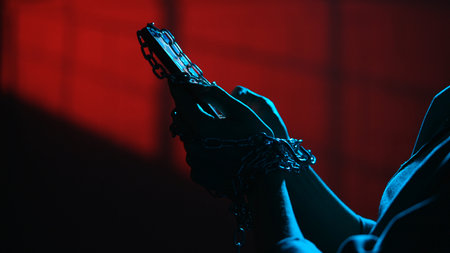 Hands Holding Smartphone Wrapped in Chains Symbolizing Digital Addictionの写真素材