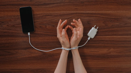 Top shot of hands connected by a phone charger cable symbolizes dependence on modern devices and technological restraint.の写真素材
