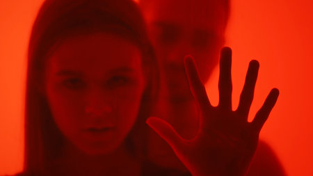 Mysterious Red Tinted Silhouette of Two Individuals in Focusの写真素材