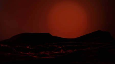 Mysterious Dark Landscape Silhouette Against Red Sunset