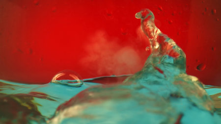 Air bubble and water splash against vibrant red backgroundの写真素材