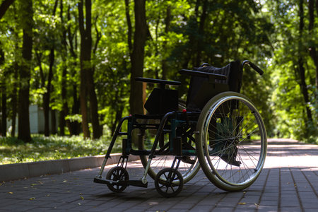 Empty Wheelchair Parked on a Sunlit Path in the Woods
