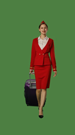 Flight Attendant in Red Uniform with Suitcase on Green Backgroundの写真素材
