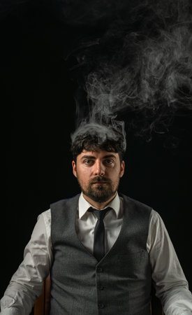 Male businessman on black background in white smoke clouds