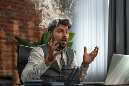 Businessman works in a loft style office and experiences stress from overwork