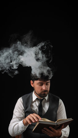 Male businessman on black background reading a book in clouds of white smokeの写真素材