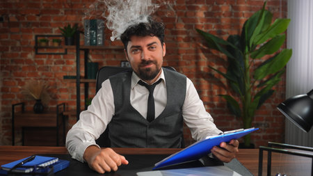 Businessman works in a loft style office and experiences stress from overworkの写真素材