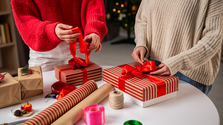 Girlfriends Celebrate the Holiday Season With Handmade Gift Wrapping in a Cozy Living Room Settingの写真素材