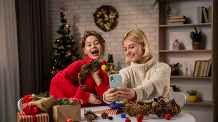 Girlfriends Celebrating the Holiday Season While Wrapping Gifts in a Cozy Living Room