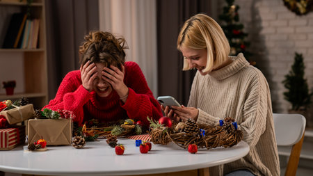 Girlfriends Celebrating the Holiday Season While Wrapping Gifts in a Cozy Living Roomの写真素材