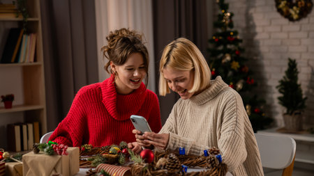 Girlfriends Celebrating the Holiday Season While Wrapping Gifts in a Cozy Living Room