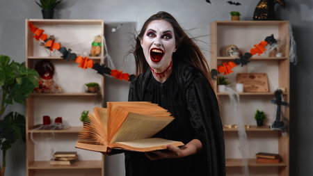 Scary witch woman with an open book in a room decorated for Halloweenの写真素材