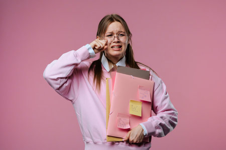 Young female student crying while holding folders and notesの写真素材