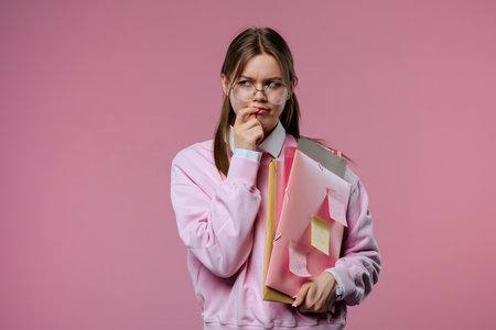 A young female student is deep in thought, holding folders and notes in her hands.の写真素材