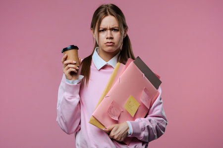 A young female student holds a cup of coffee and looks very upsetの写真素材