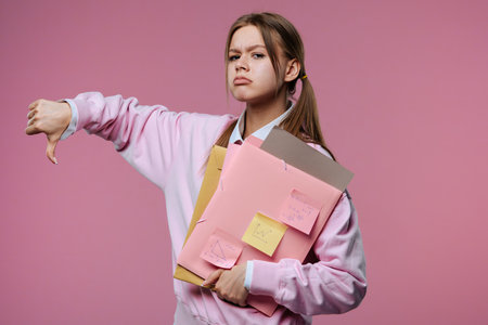 A young female student gives a thumbs down gesture while holding folders and notes in her hands.の写真素材