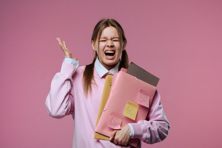 A young female student celebrates her success, holding folders and notes in her handsの写真素材