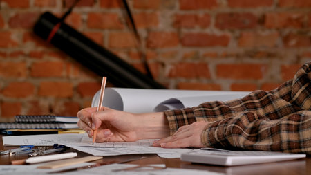 Architect drawing blueprints with pencil at desk