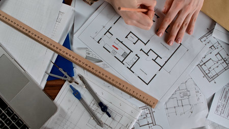 Architectural Design Process Illustrated with Drafting Tools and Blueprints