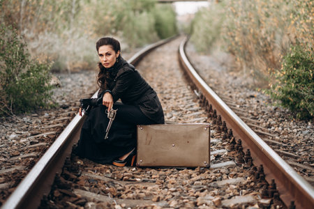 Woman in Vintage Attire Outdoorsの写真素材