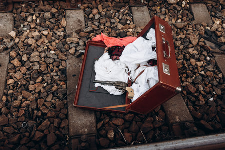 Open suitcase on railway tracks with clothesの写真素材