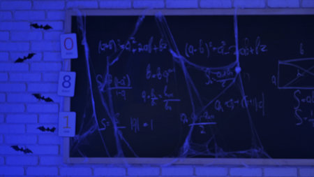 Spooky blackboard with math formulas and Halloween decor