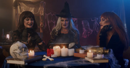 Three Witches Performing a Mysterious Ritual with Candles