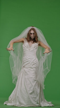 Dead Bride in a Wedding Dress on a Green Background