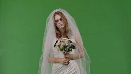 Dead Bride in a Wedding Dress on a Green Background