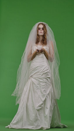 Dead Bride in a Wedding Dress on a Green Background
