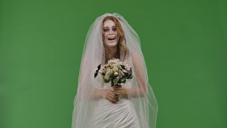 Dead Bride in a Wedding Dress on a Green Background